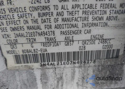 2007 Nissan Altima 2.5 S из США, поврежденный, VIN 1N4AL21E07N494378